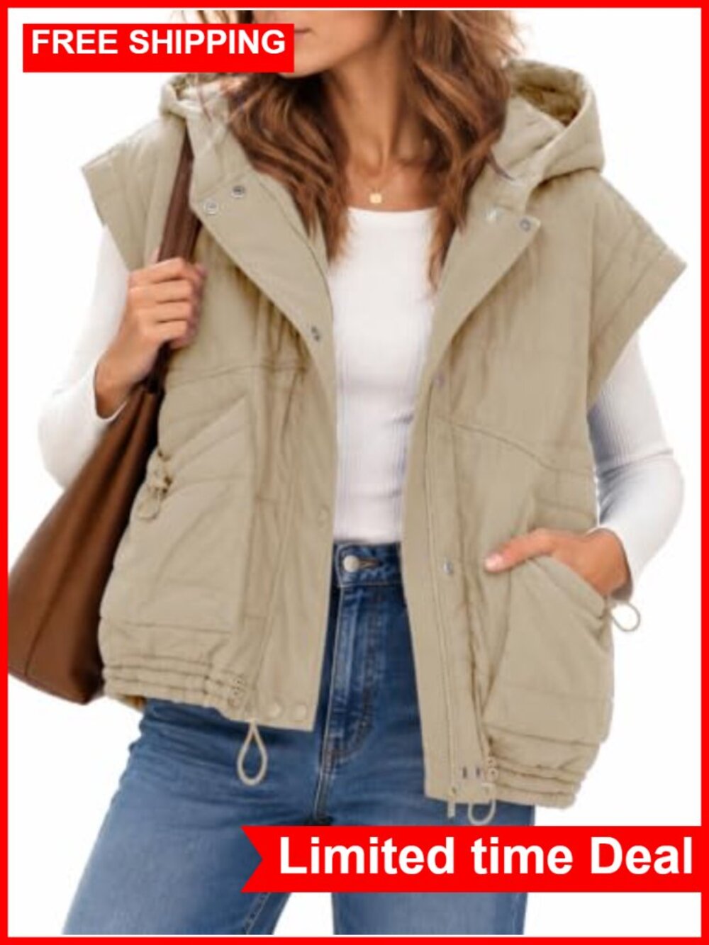 Oversized Quilted Puffer Vest Hooded Sleeveless Zip Jacket